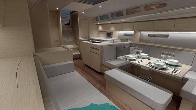 Xp 55 saloon. Optional lifting TV can be lifted on starboard side. Height adjustable saloon table. © X-Yachts